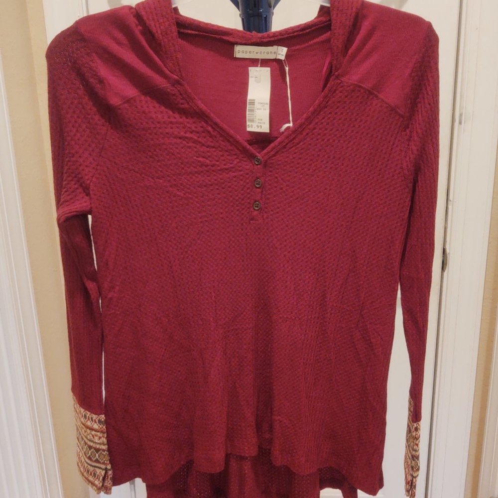 NWT Paper Crane Ladies Henley Hooded V-Neck Shirt
